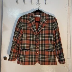 JMT Women's Plaid Blazer in Salmon, Black, and White